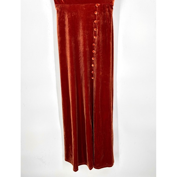 Revelry Billie Velvet Maxi Dress Sz 6 Rust Button High Slit Spaghetti Strap - Picture 6 of 14